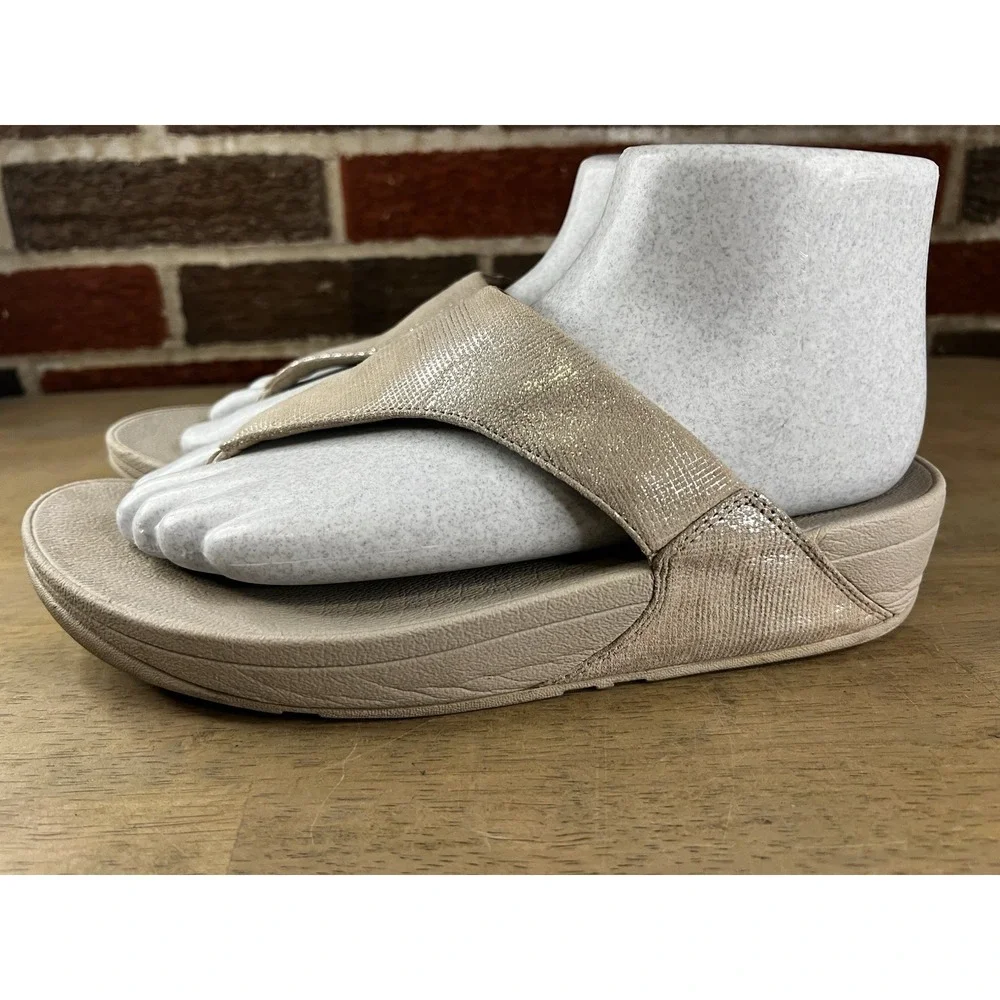Womens FitFlop Lulu Shimmerlux Toe-Post Sandals Metallic Beige Size 10